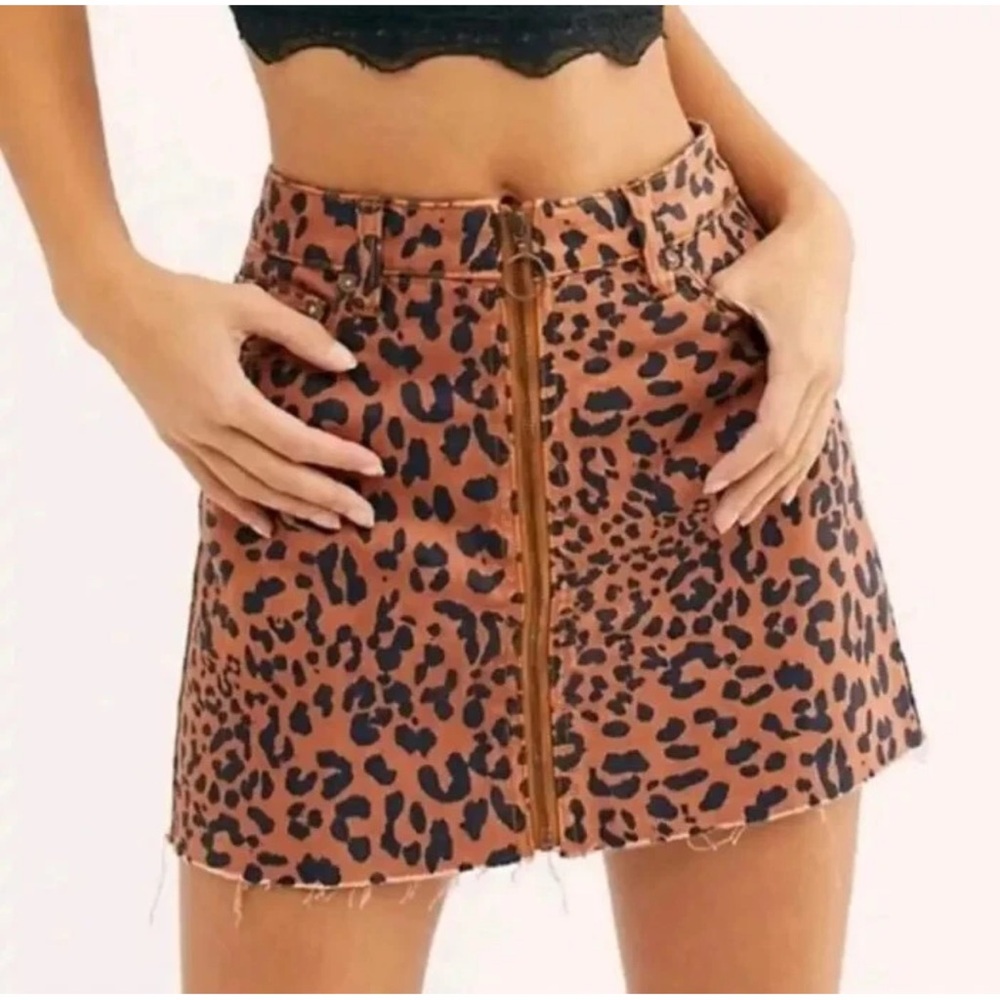 FREE PEOPLE We The Free Leopard Print Denim Mini Skirt